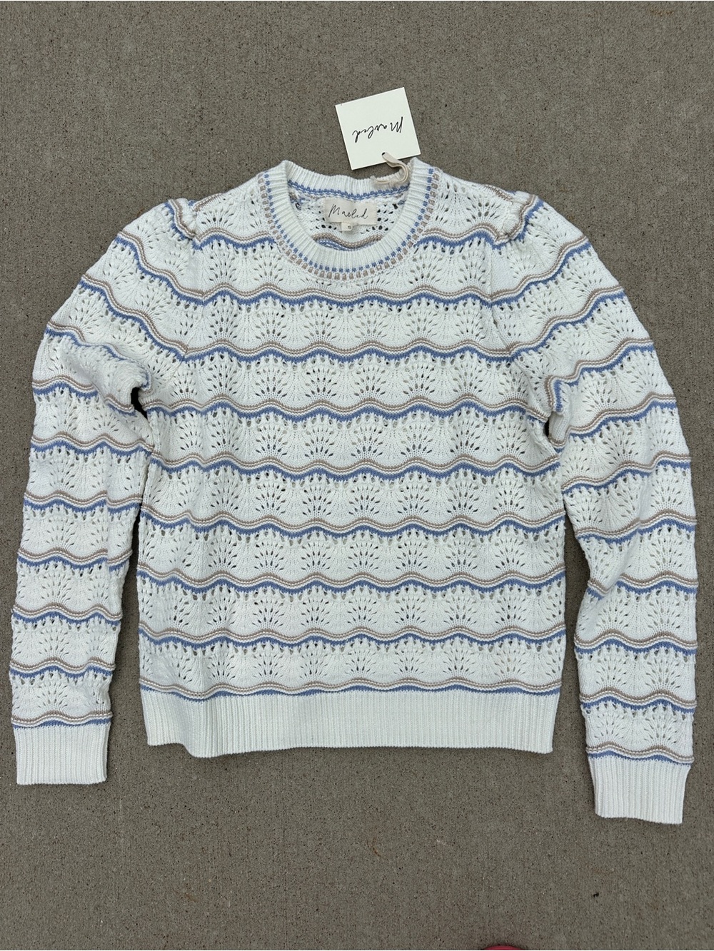 White/ivory Eyelet Knit Sweater with Blue Stripes